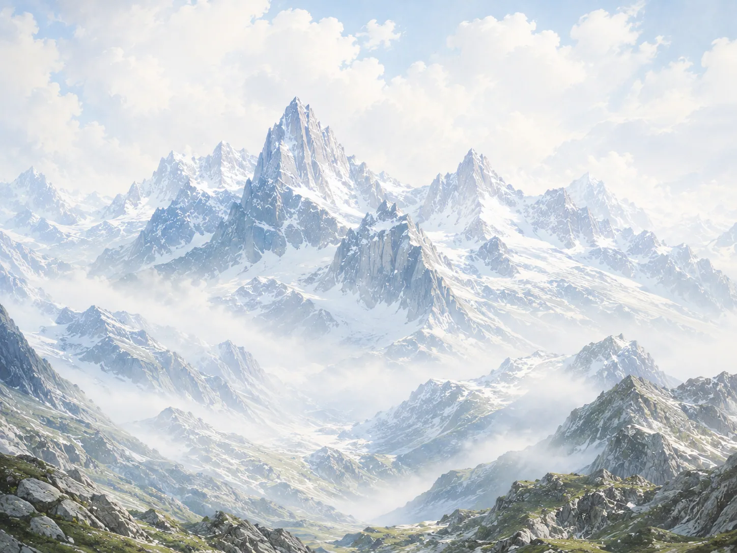 Snow-covered alpine peaks above a clear valley